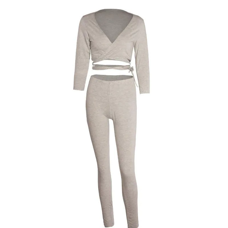 Women 2 Pieces Pants Rompers Womens Jumpsuit Bodycon V-Neck Long Sleeve Two Pieces Outfits Gray Playsuit