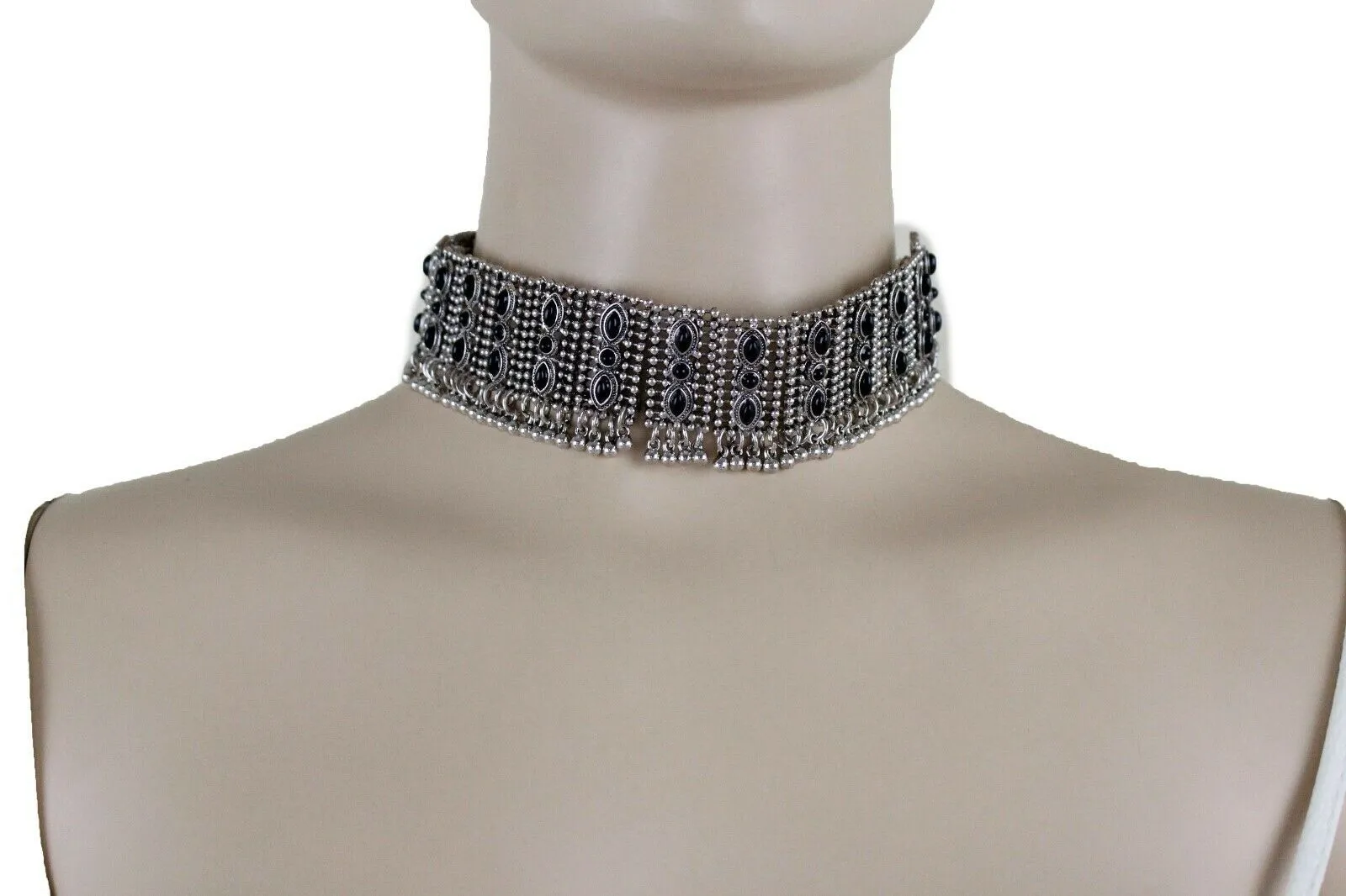 Women Antique Silver Metal Set Choker Short Necklace Black Beads