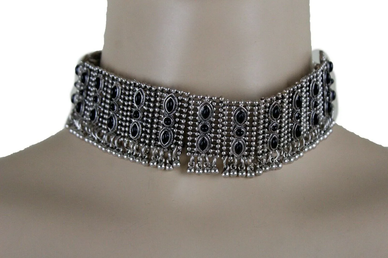 Women Antique Silver Metal Set Choker Short Necklace Black Beads