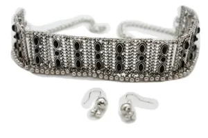 Women Antique Silver Metal Set Choker Short Necklace Black Beads