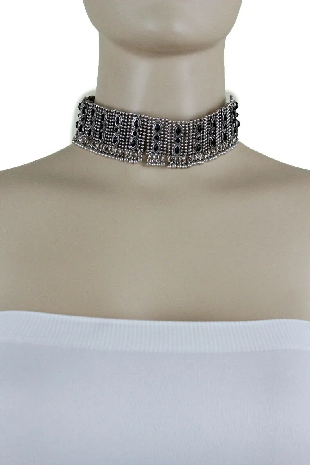 Women Antique Silver Metal Set Choker Short Necklace Black Beads