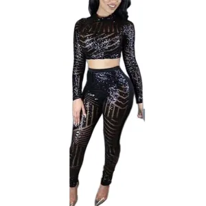 Women Crop Top   Pant Sequined O-Neck Playsuit Two Pieces Outfit