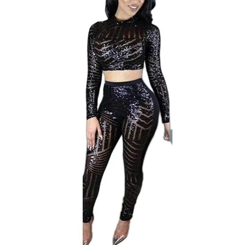 Women Crop Top   Pant Sequined O-Neck Playsuit Two Pieces Outfit