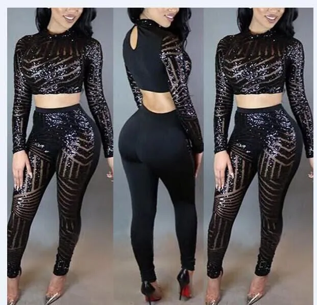 Women Crop Top   Pant Sequined O-Neck Playsuit Two Pieces Outfit