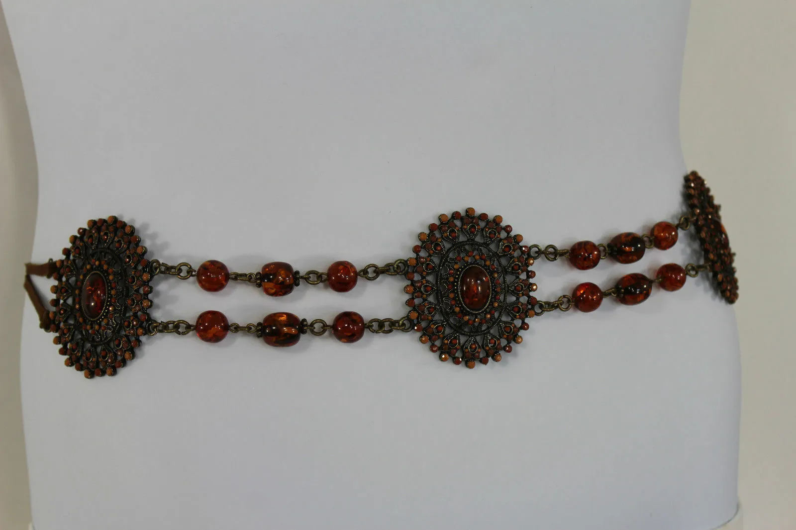 Women Fabric Tie Belt Hip High Waist Brown Flowers Metal Chain Beads Fashion S - M