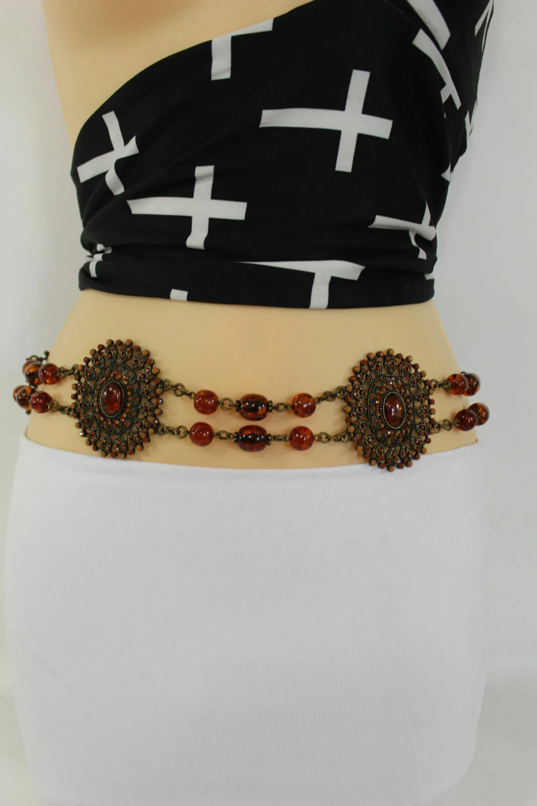 Women Fabric Tie Belt Hip High Waist Brown Flowers Metal Chain Beads Fashion S - M