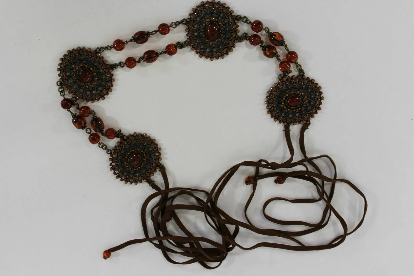 Women Fabric Tie Belt Hip High Waist Brown Flowers Metal Chain Beads Fashion S - M