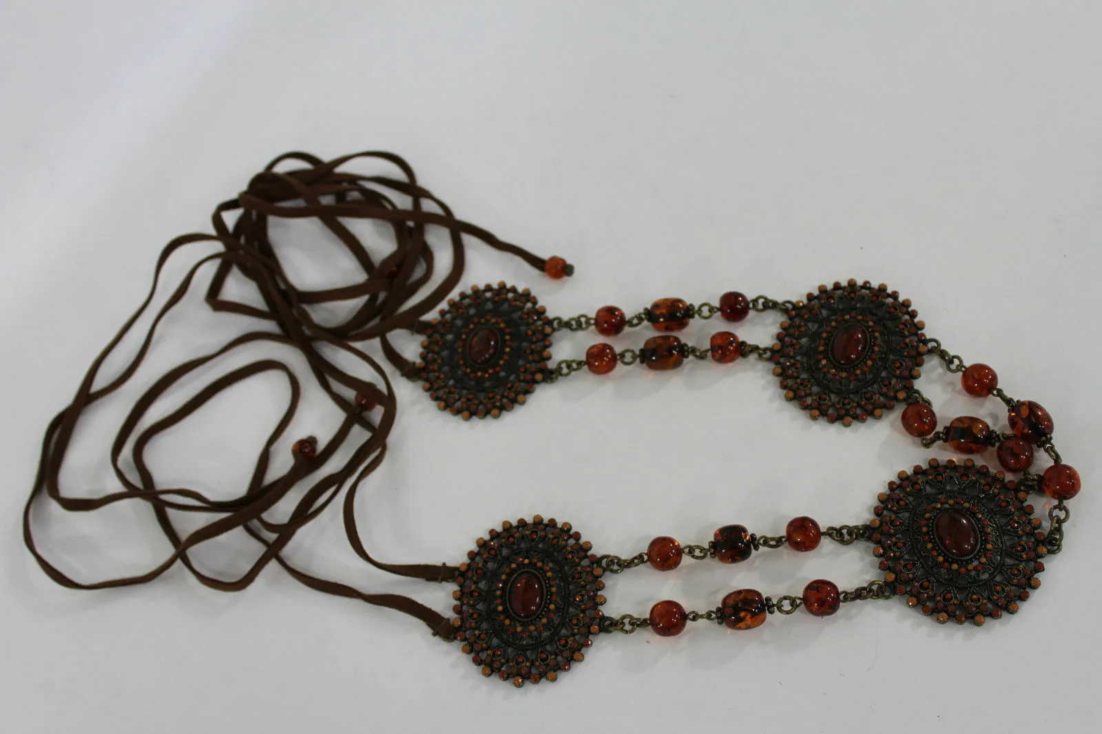 Women Fabric Tie Belt Hip High Waist Brown Flowers Metal Chain Beads Fashion S - M