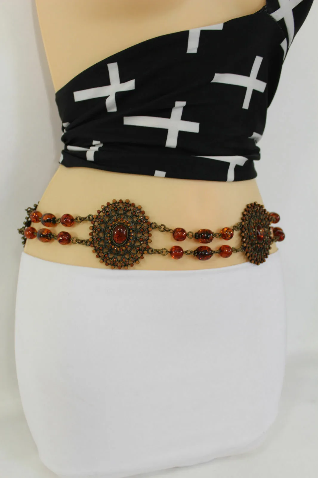 Women Fabric Tie Belt Hip High Waist Brown Flowers Metal Chain Beads Fashion S - M