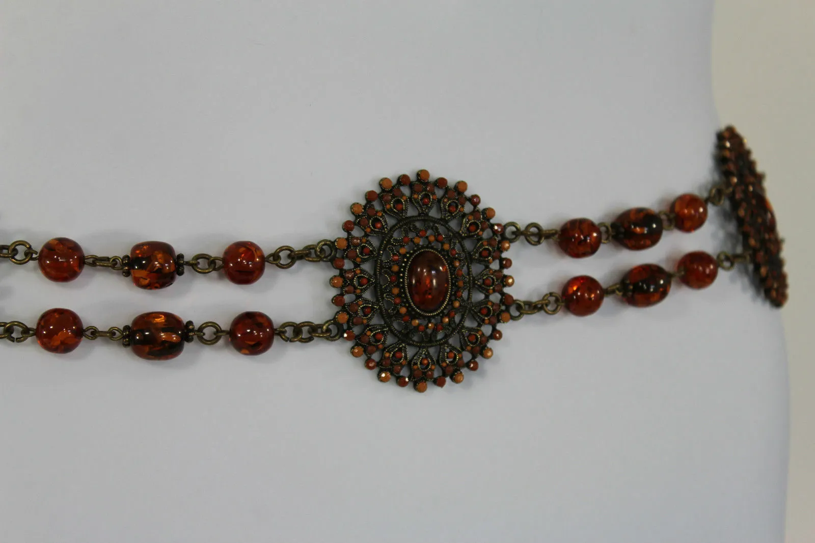 Women Fabric Tie Belt Hip High Waist Brown Flowers Metal Chain Beads Fashion S - M