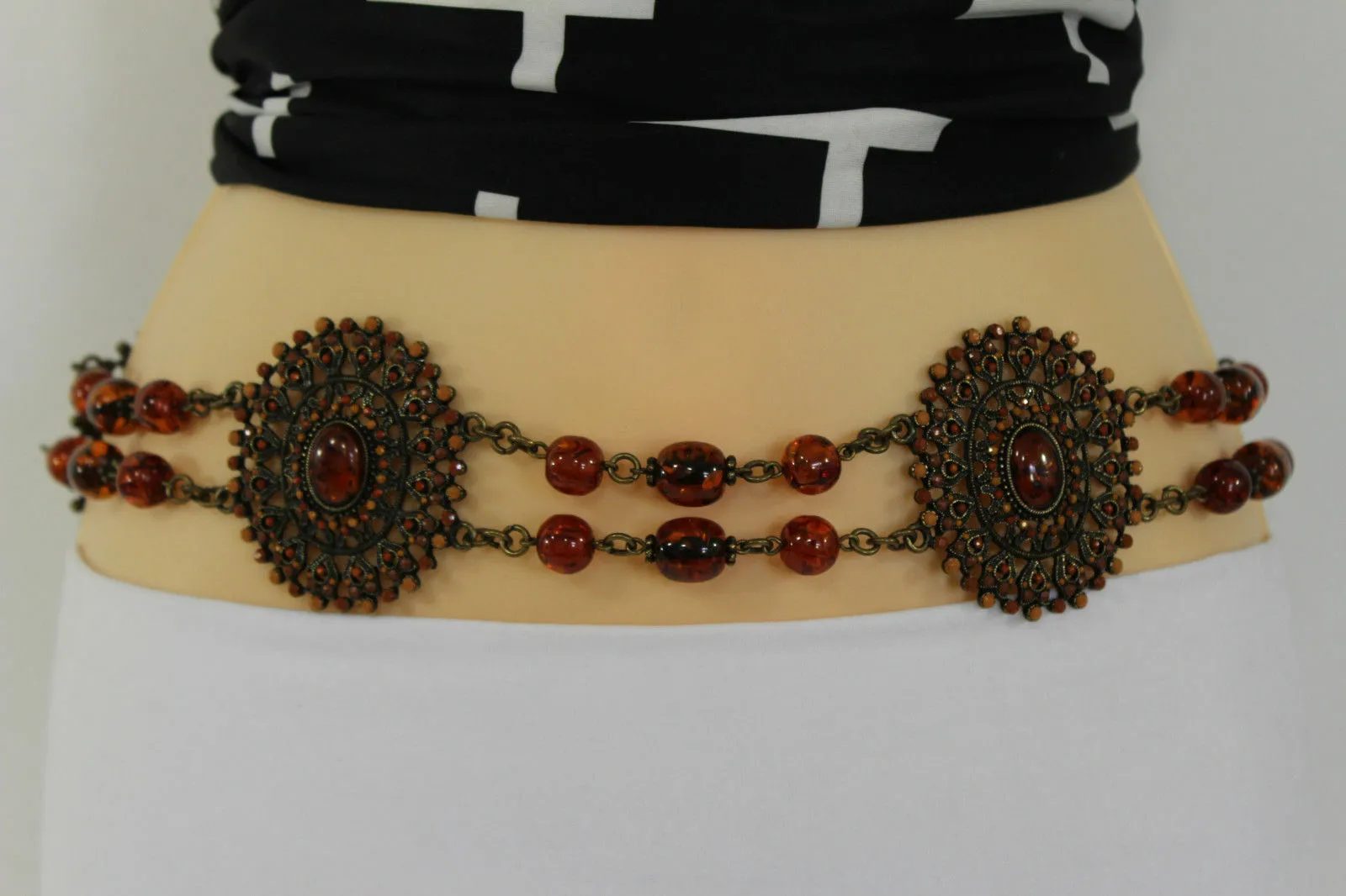 Women Fabric Tie Belt Hip High Waist Brown Flowers Metal Chain Beads Fashion S - M