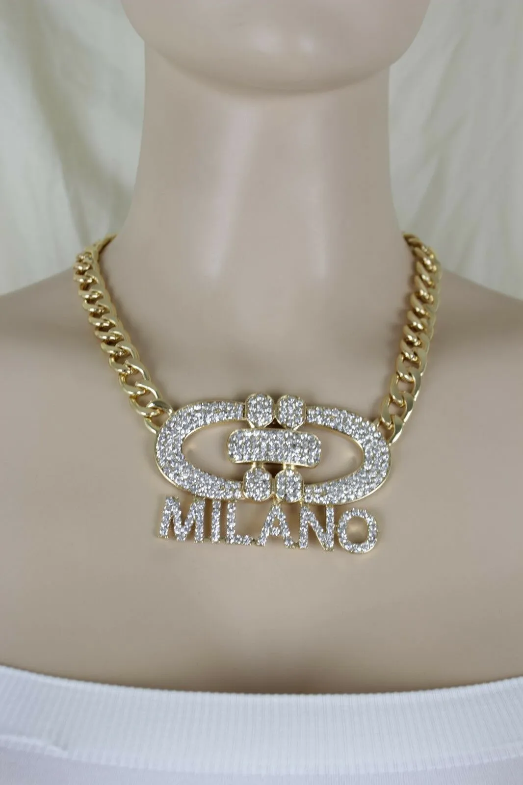 Women Gold Metal Chain Short Necklace Milano Italy Pendant Bling