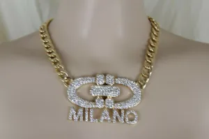 Women Gold Metal Chain Short Necklace Milano Italy Pendant Bling