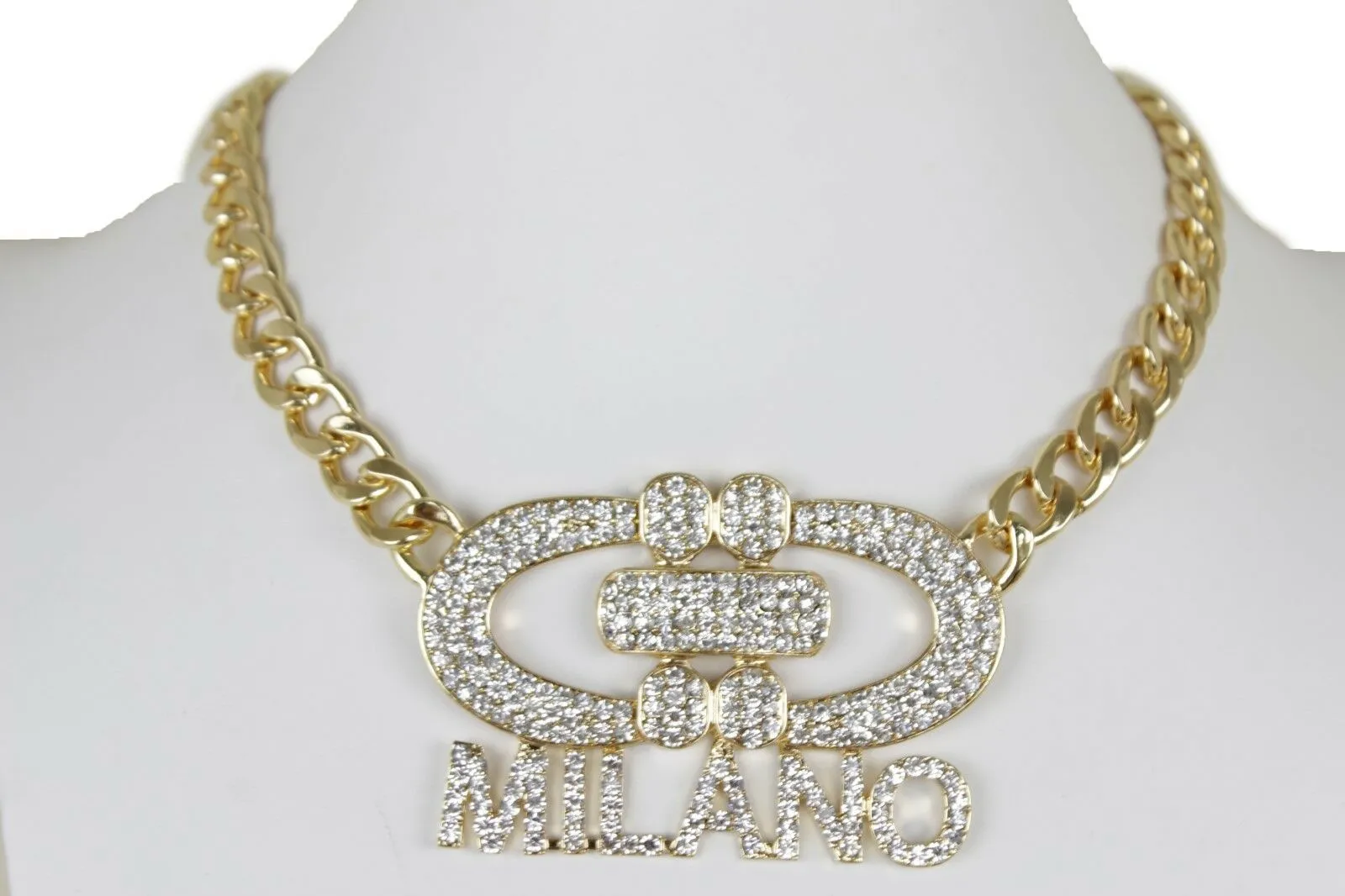 Women Gold Metal Chain Short Necklace Milano Italy Pendant Bling