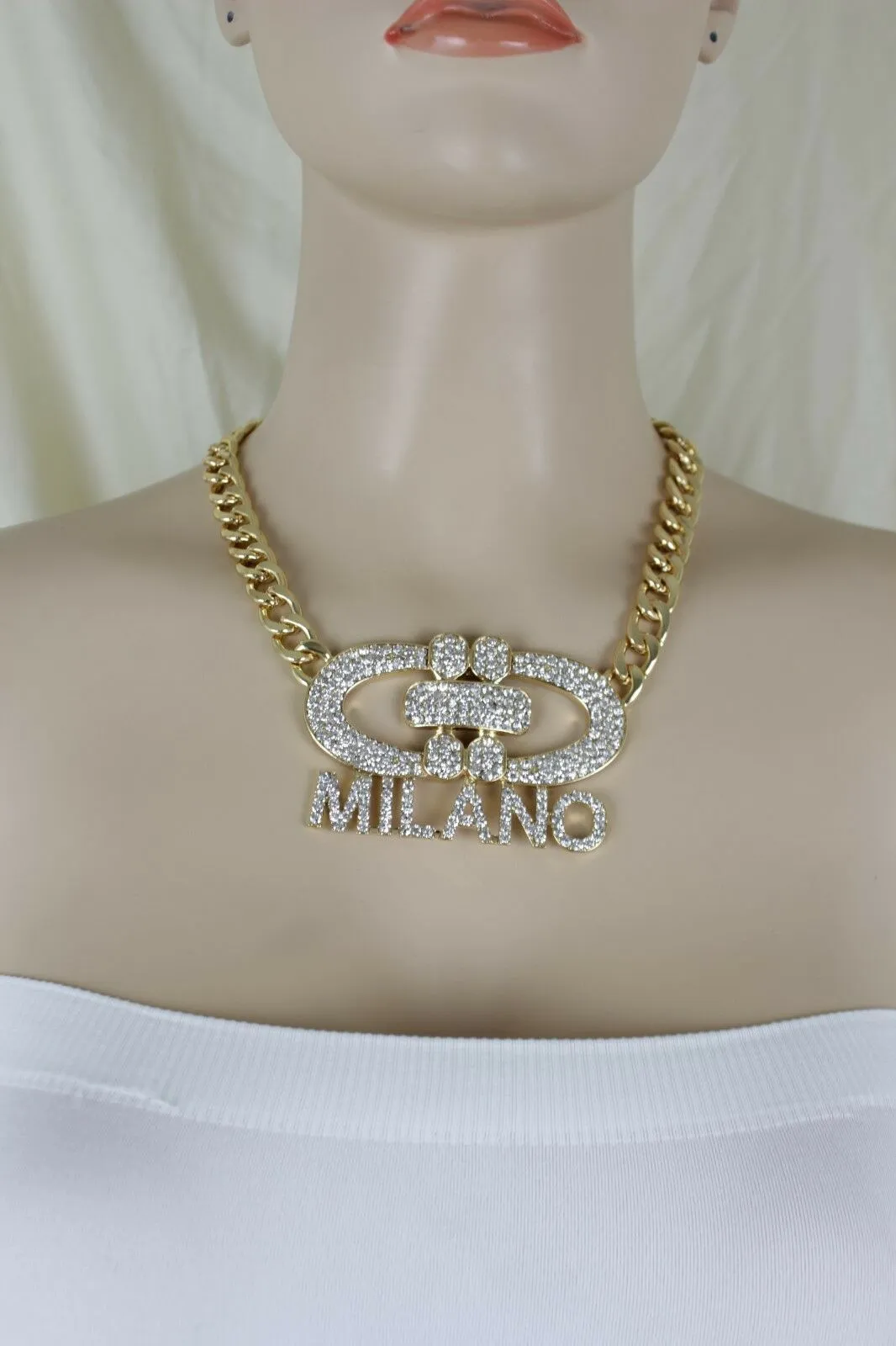 Women Gold Metal Chain Short Necklace Milano Italy Pendant Bling