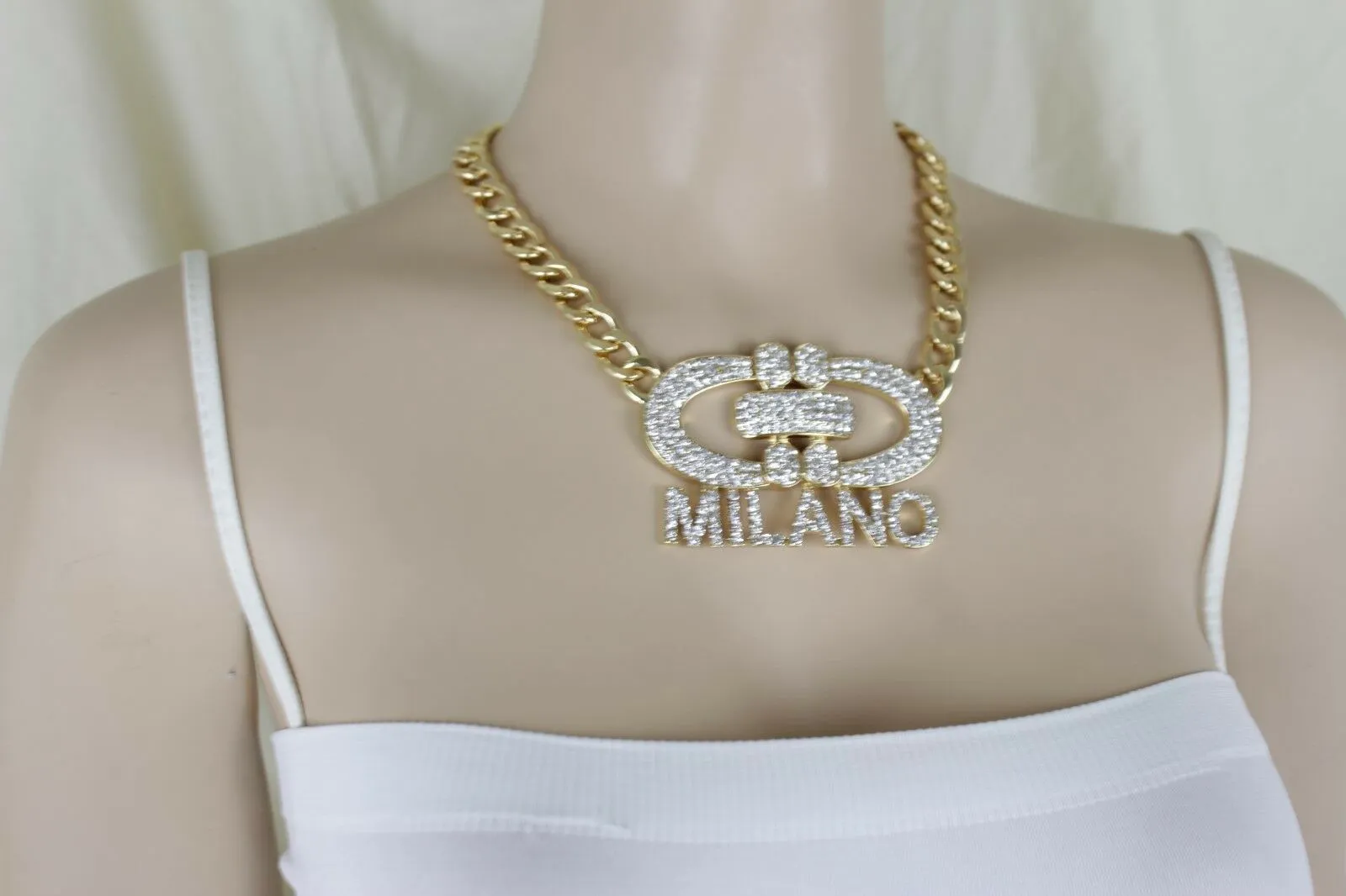 Women Gold Metal Chain Short Necklace Milano Italy Pendant Bling