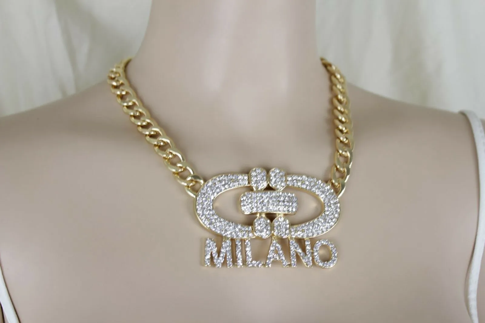 Women Gold Metal Chain Short Necklace Milano Italy Pendant Bling