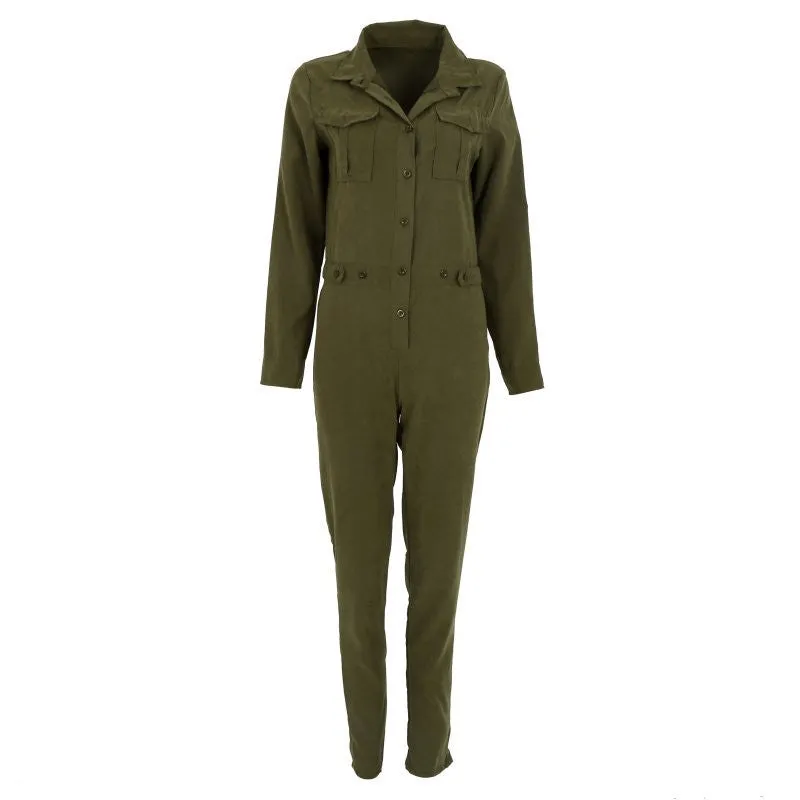 Women Jumpsuit Bodycon Party Lapel Long-sleeved Playsuit Trousers Stylish Army Green Rompers