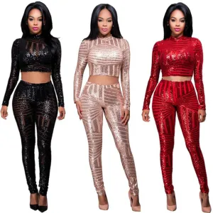 Women Sequined Jumpsuit Mesh See Through Bodysuit Long Sleeve Party Club Jumpsuits Rompers 2 Piece Sets