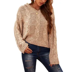 Womens Solid Color Block Hoodies Fashion V Neck Knit Sweater Pullovers K182