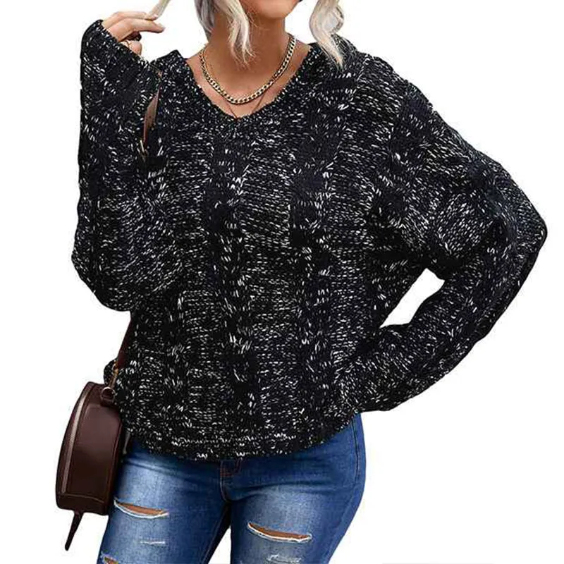 Womens Solid Color Block Hoodies Fashion V Neck Knit Sweater Pullovers K182