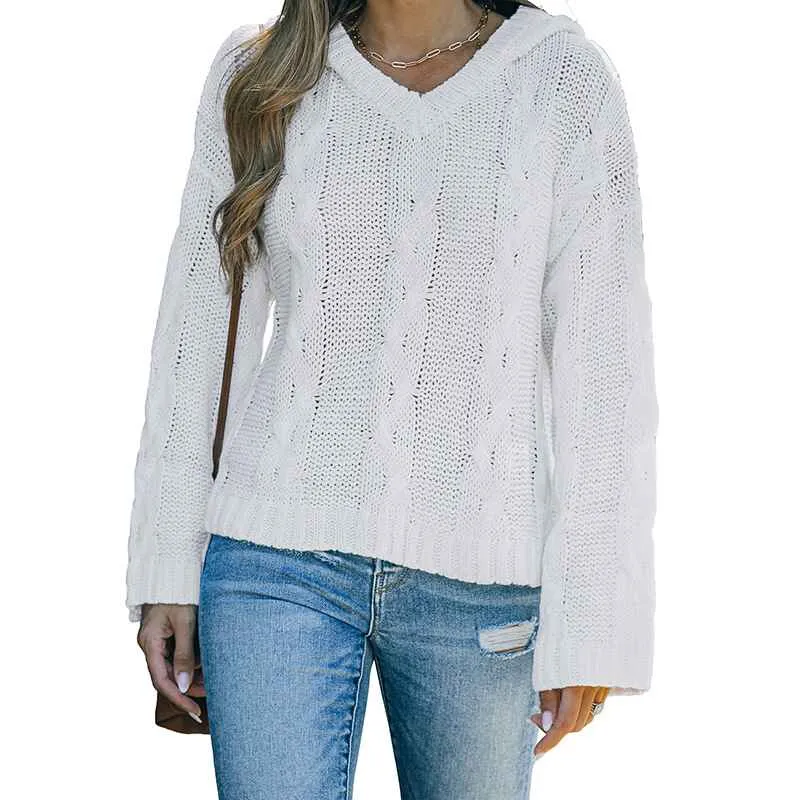 Womens Solid Color Block Hoodies Fashion V Neck Knit Sweater Pullovers K182