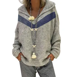 Womens Striped Color Block Hoodies Fashion V Neck Knit Sweater Pullovers K061