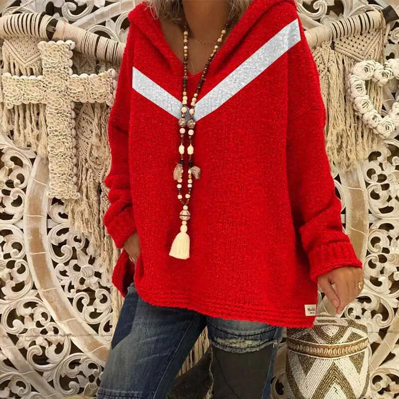 Womens Striped Color Block Hoodies Fashion V Neck Knit Sweater Pullovers K061