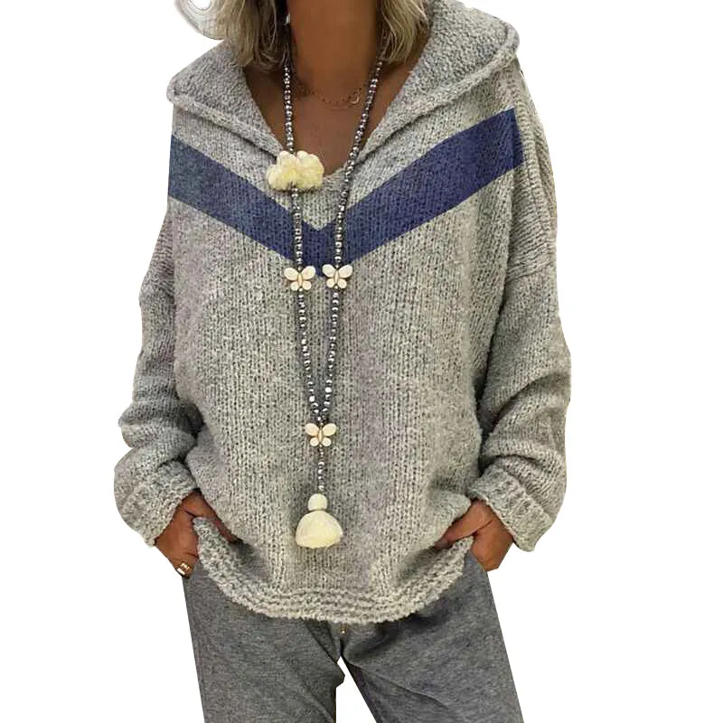 Womens Striped Color Block Hoodies Fashion V Neck Knit Sweater Pullovers K061