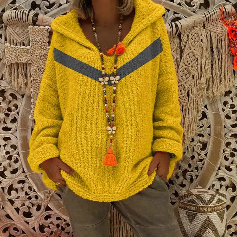 Womens Striped Color Block Hoodies Fashion V Neck Knit Sweater Pullovers K061