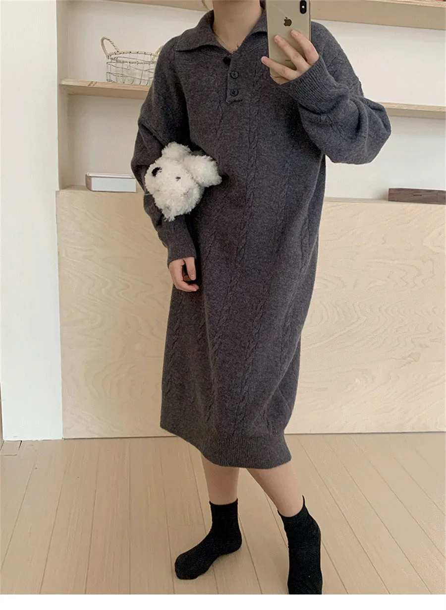 XIEYINSHE 2025Solid color Polo collar lazy wind sweater skirt women's autumn and winter medium and long thickened twist wool knitted loose dress
