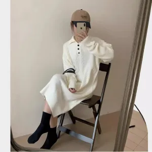 XIEYINSHE 2025Solid color Polo collar lazy wind sweater skirt women's autumn and winter medium and long thickened twist wool knitted loose dress