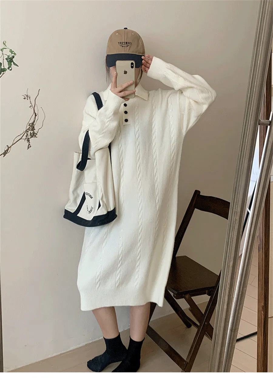 XIEYINSHE 2025Solid color Polo collar lazy wind sweater skirt women's autumn and winter medium and long thickened twist wool knitted loose dress