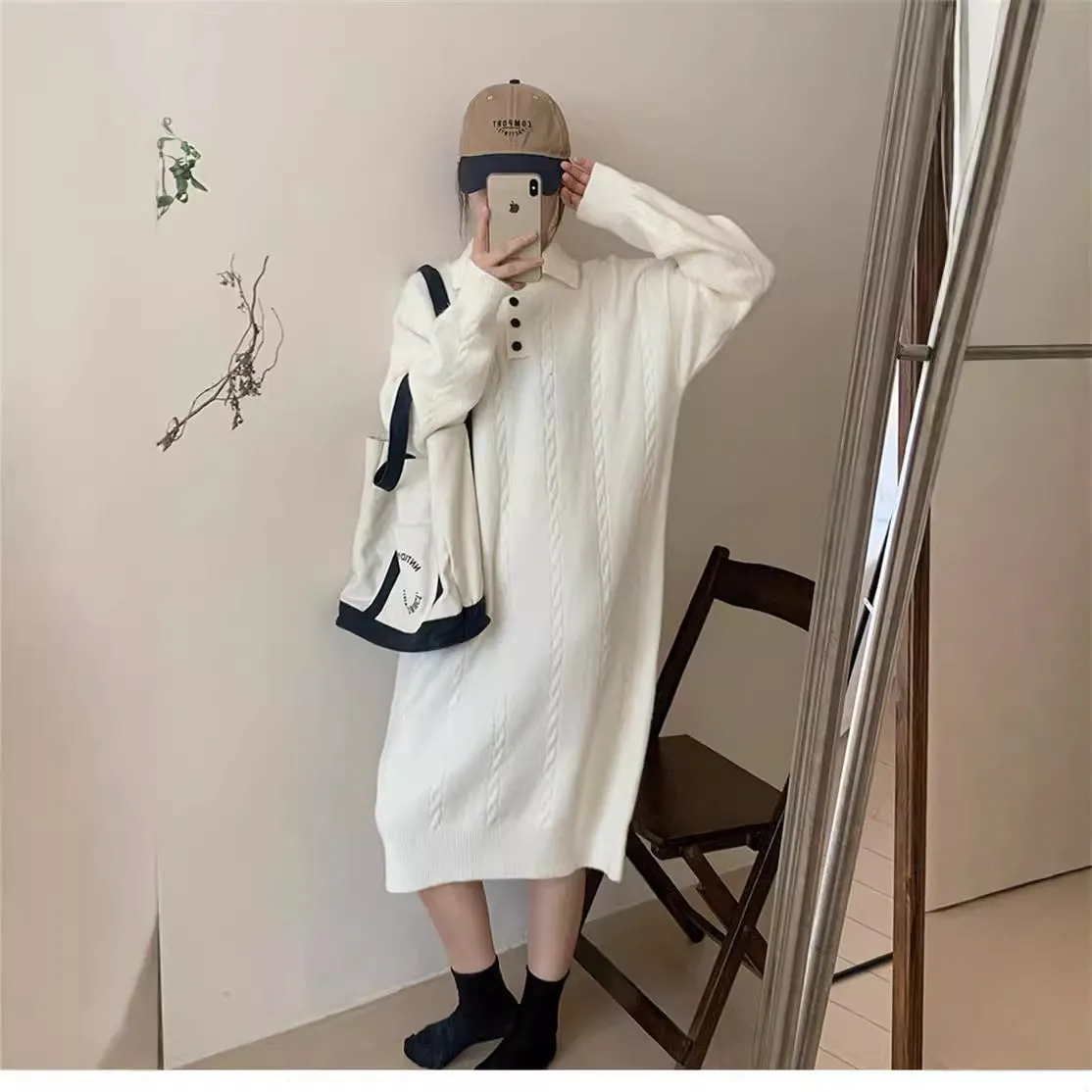 XIEYINSHE 2025Solid color Polo collar lazy wind sweater skirt women's autumn and winter medium and long thickened twist wool knitted loose dress