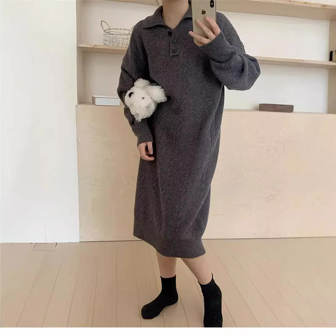 XIEYINSHE 2025Solid color Polo collar lazy wind sweater skirt women's autumn and winter medium and long thickened twist wool knitted loose dress