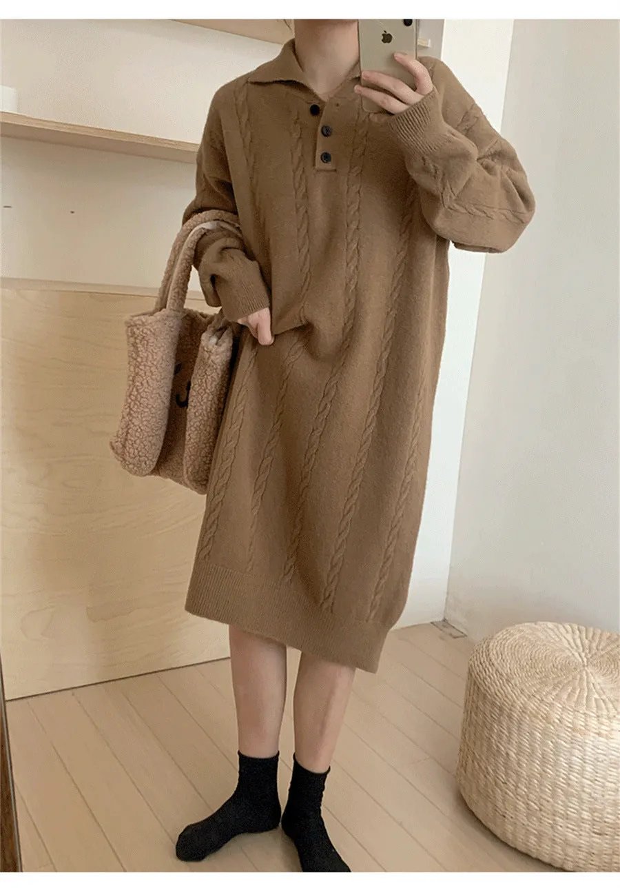 XIEYINSHE 2025Solid color Polo collar lazy wind sweater skirt women's autumn and winter medium and long thickened twist wool knitted loose dress