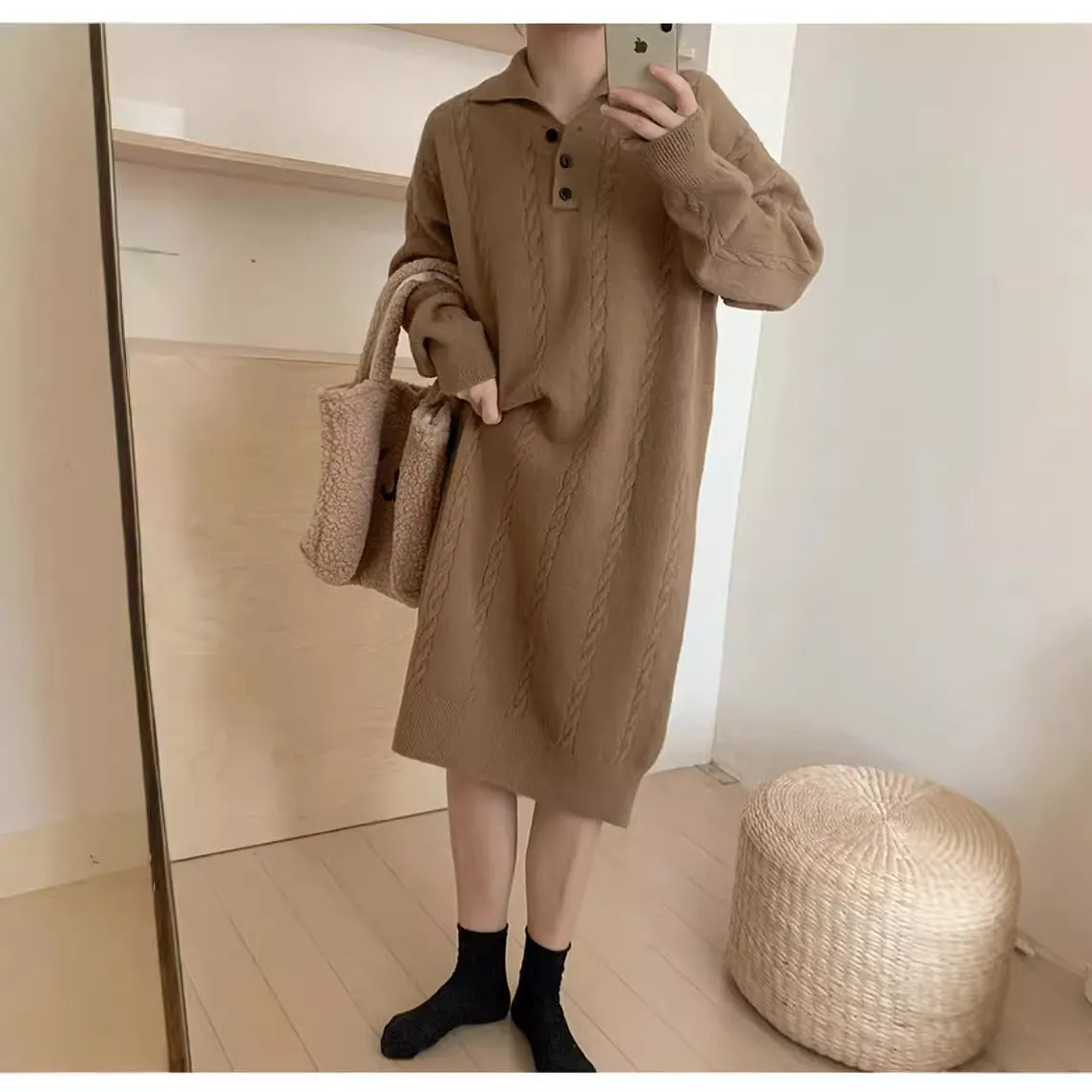 XIEYINSHE 2025Solid color Polo collar lazy wind sweater skirt women's autumn and winter medium and long thickened twist wool knitted loose dress