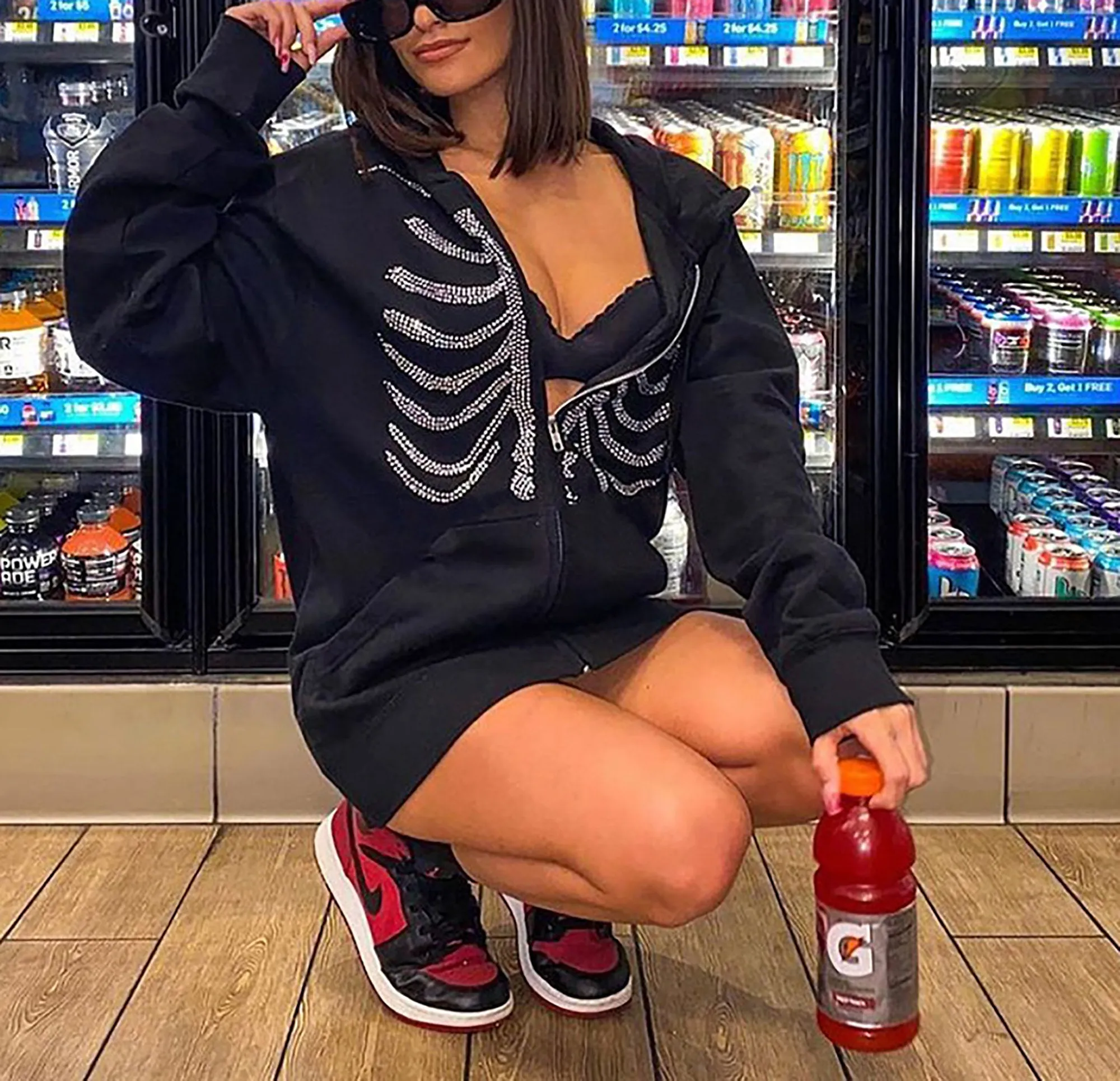 Y2K Skeleton Rhinestone Hoodie