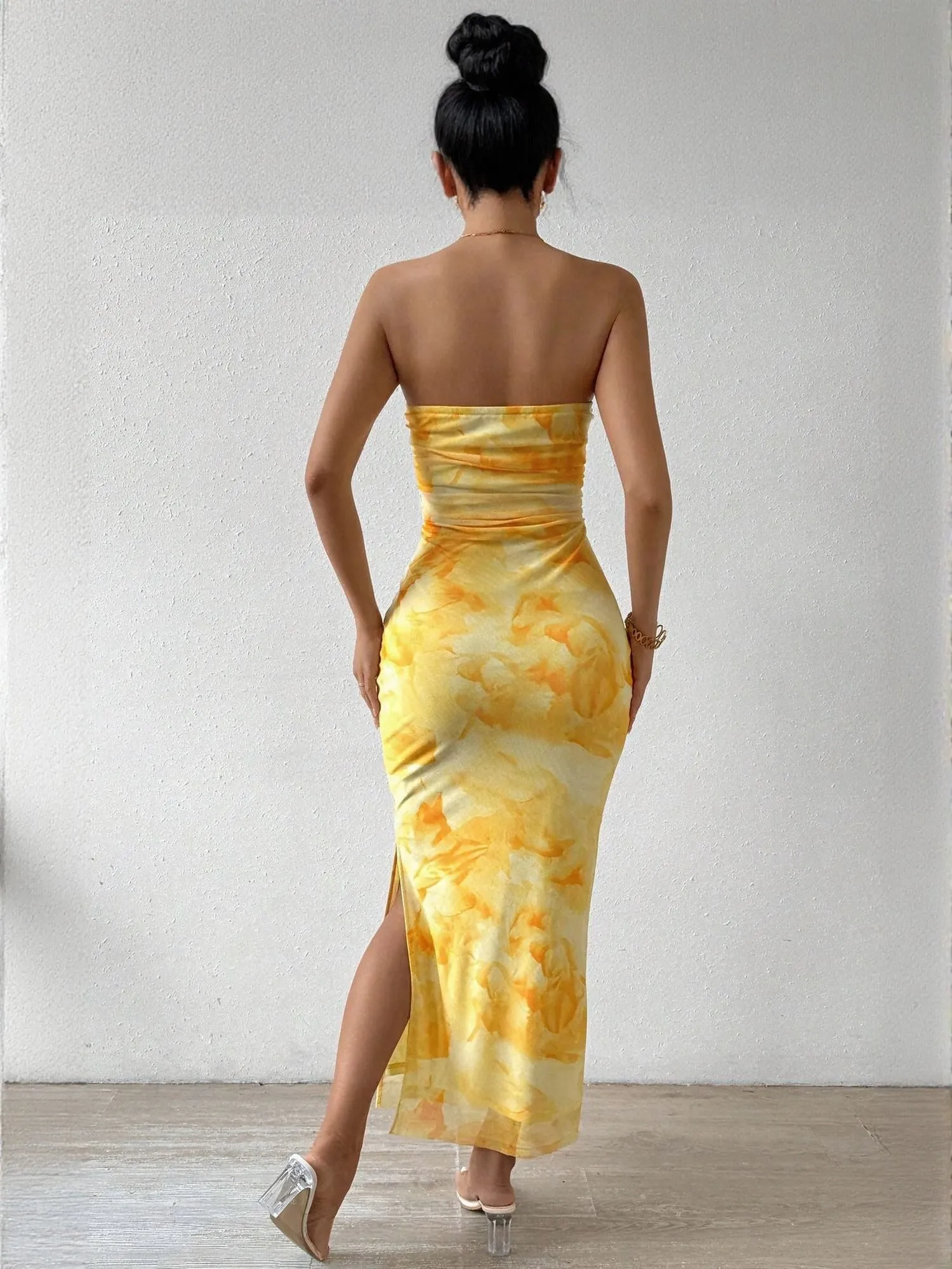 Yellow Digital Print Mesh Tube Dress