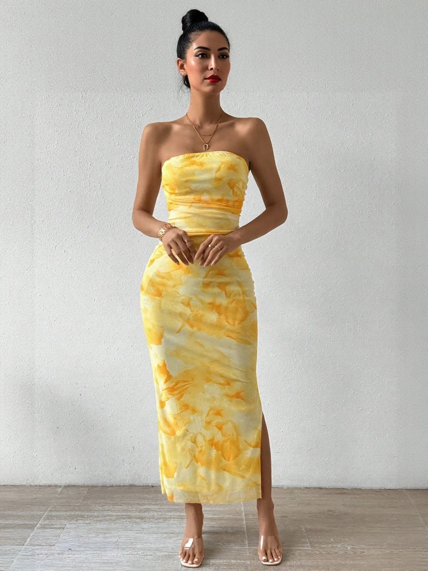 Yellow Digital Print Mesh Tube Dress
