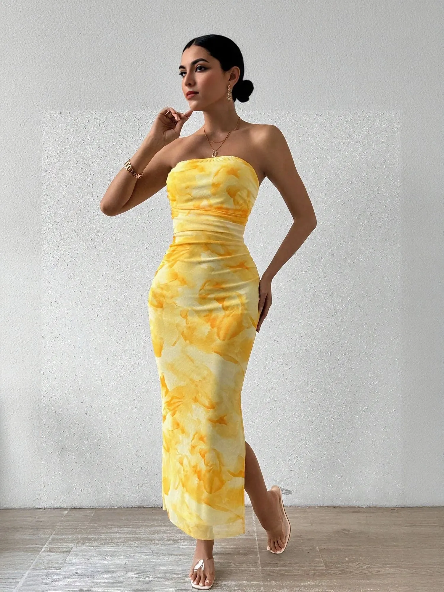 Yellow Digital Print Mesh Tube Dress