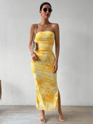 Yellow Digital Print Mesh Tube Dress