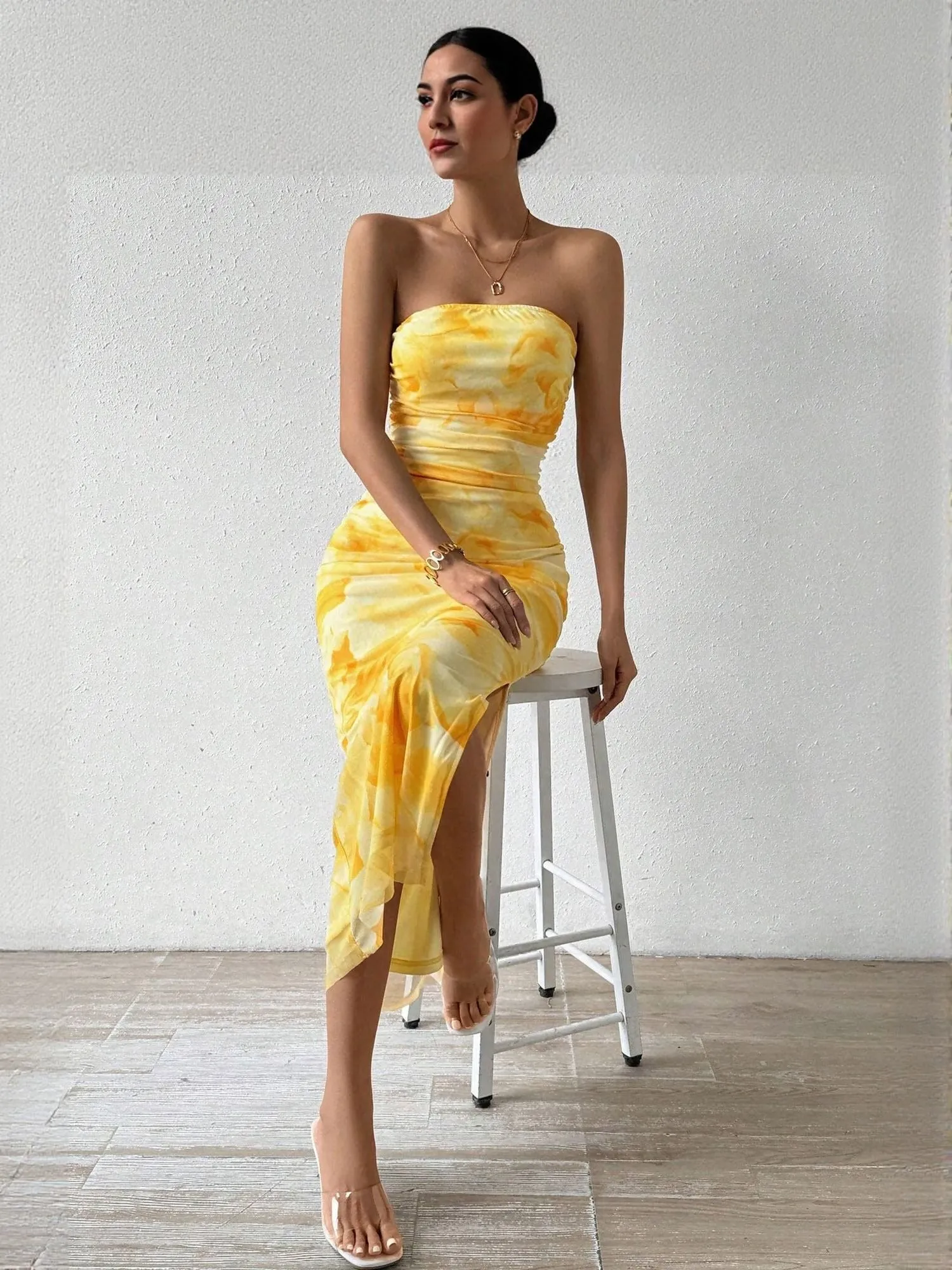 Yellow Digital Print Mesh Tube Dress