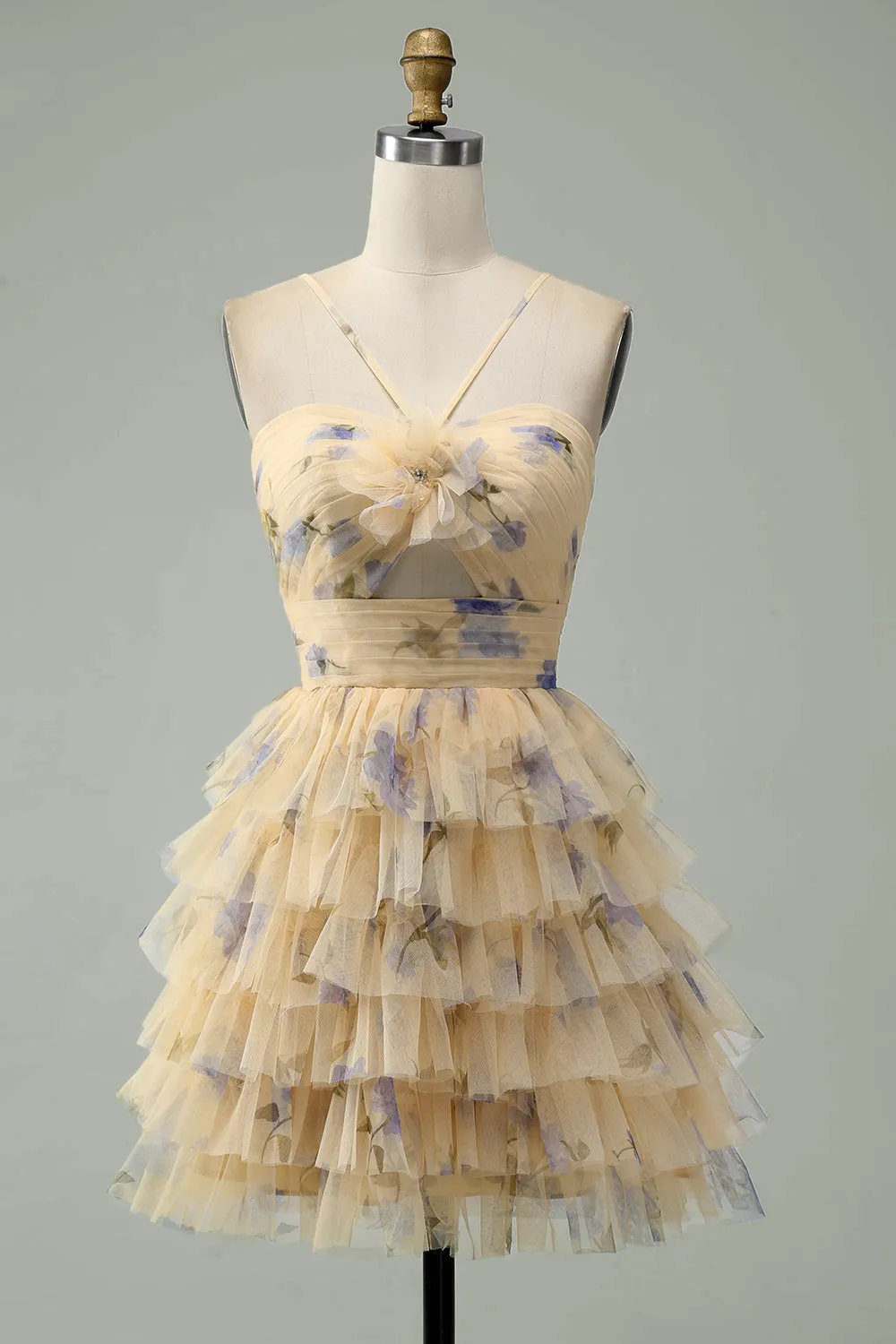 Yellow Flower A-Line Halter Tiered Print Short Homecoming Dress